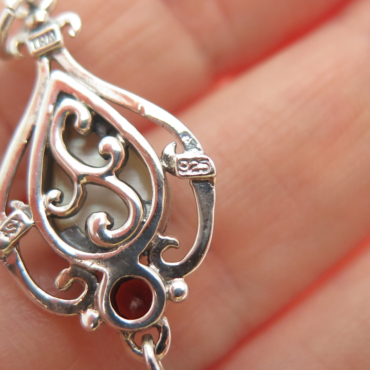 SX SALLY C Sterling Silver Vintage Real Black Onyx Red Garnet MOP Charm Pendant