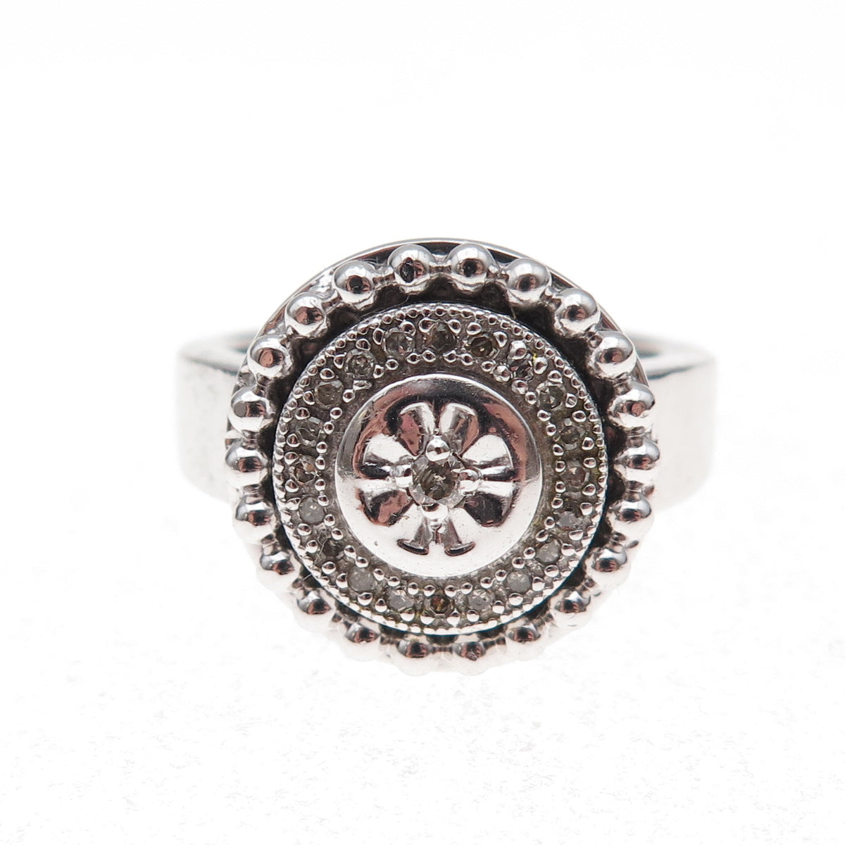 925 Sterling Silver Mexico Real Diamond Wheel of Fortune Ring Size 7.25