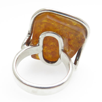 925 Sterling Silver Vintage European Real Amber Modernist Ring Size 6.75