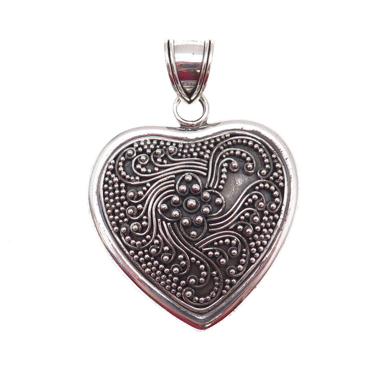 Suarti Bali 925 Sterling Silver Vintage Granulated Floral Heart Oxidized Pendant