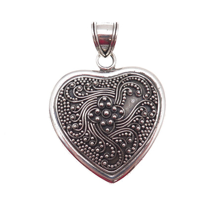 Suarti Bali 925 Sterling Silver Vintage Granulated Floral Heart Oxidized Pendant