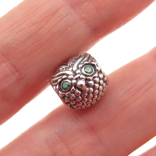 PANDORA 925 Sterling Silver Green C Z Wise Owl Slide Bead Charm