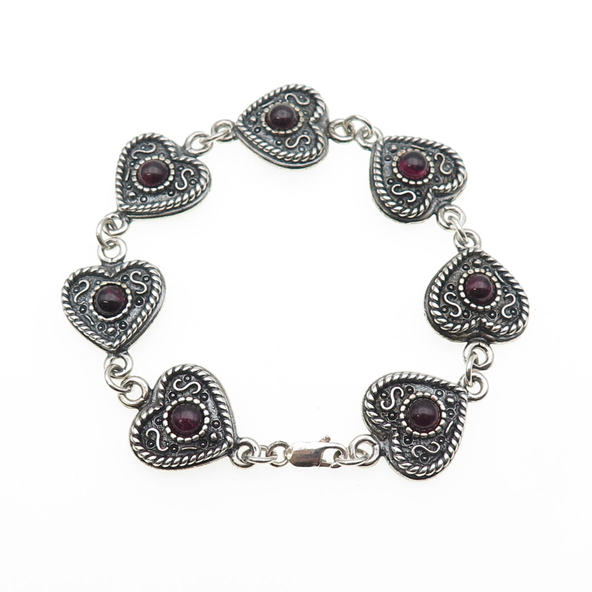 925 Sterling Silver Vintage Real Amethyst Oxidized Heart Link Bracelet 7.25"