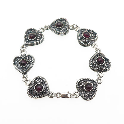 925 Sterling Silver Vintage Real Amethyst Oxidized Heart Link Bracelet 7.25"