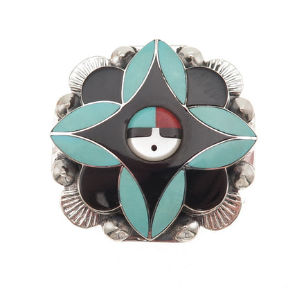 Yolanda Laate Zuni Old Pawn Sterling Vintage Multi-Gem God Pin Brooch / Pendant