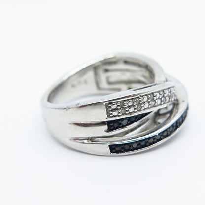 925 Sterling Silver SUN Real White Blue & Black Diamond Crossover Ring Size 5.75