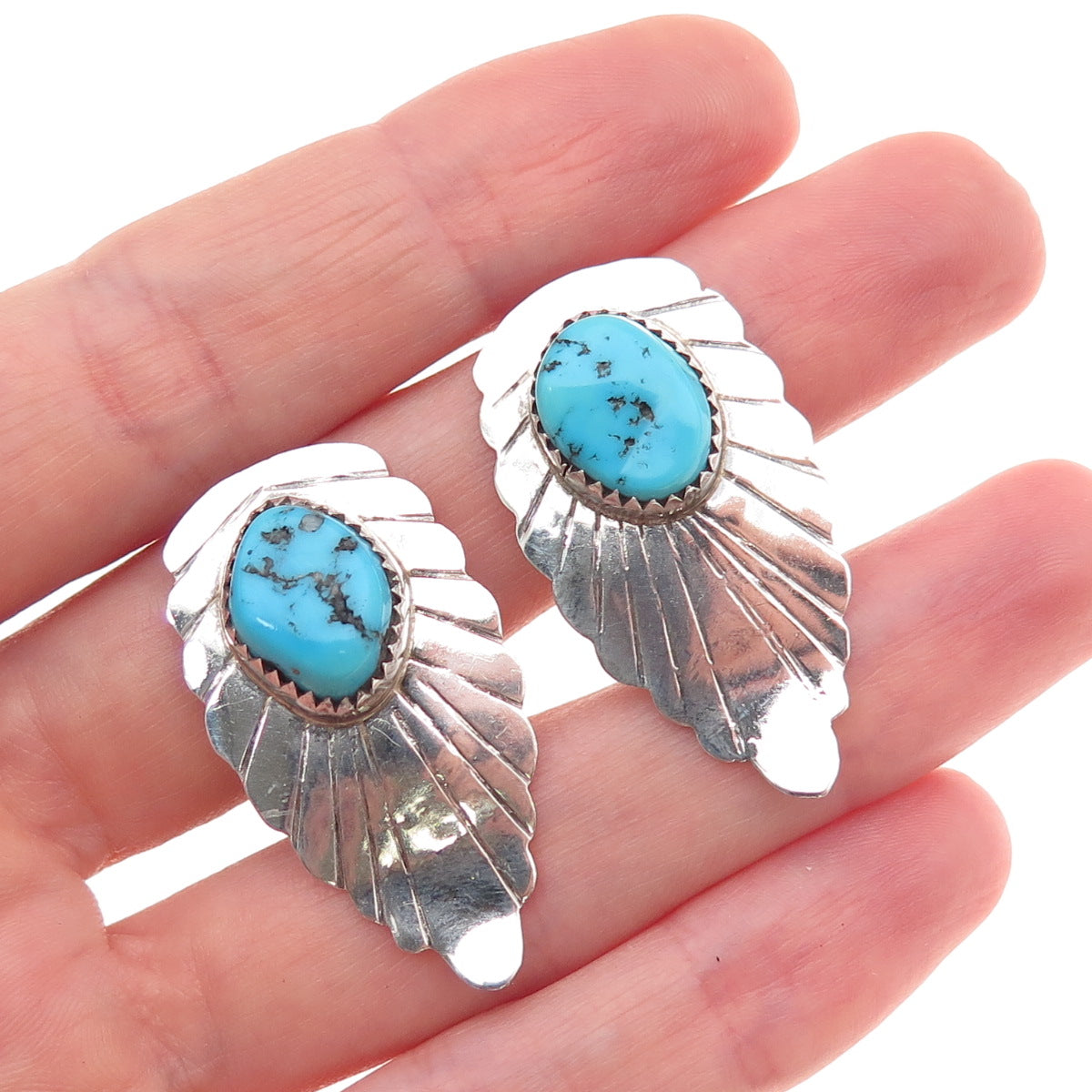 Old Pawn Sterling Silver Vintage Southwestern Turquoise Floral Clip On Earrings