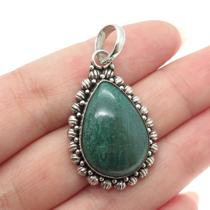 925 Sterling Silver Vintage Real Malachite Gemstone Ethnic Teardrop Pendant