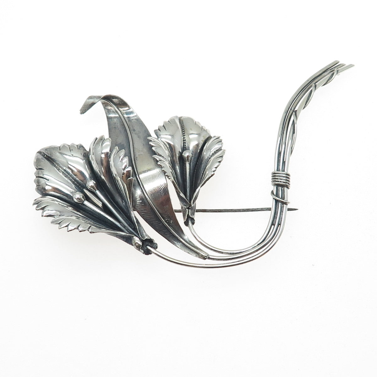 925 Sterling Silver Vintage Modernist Calla Lily Flower Oxidized Pin Brooch