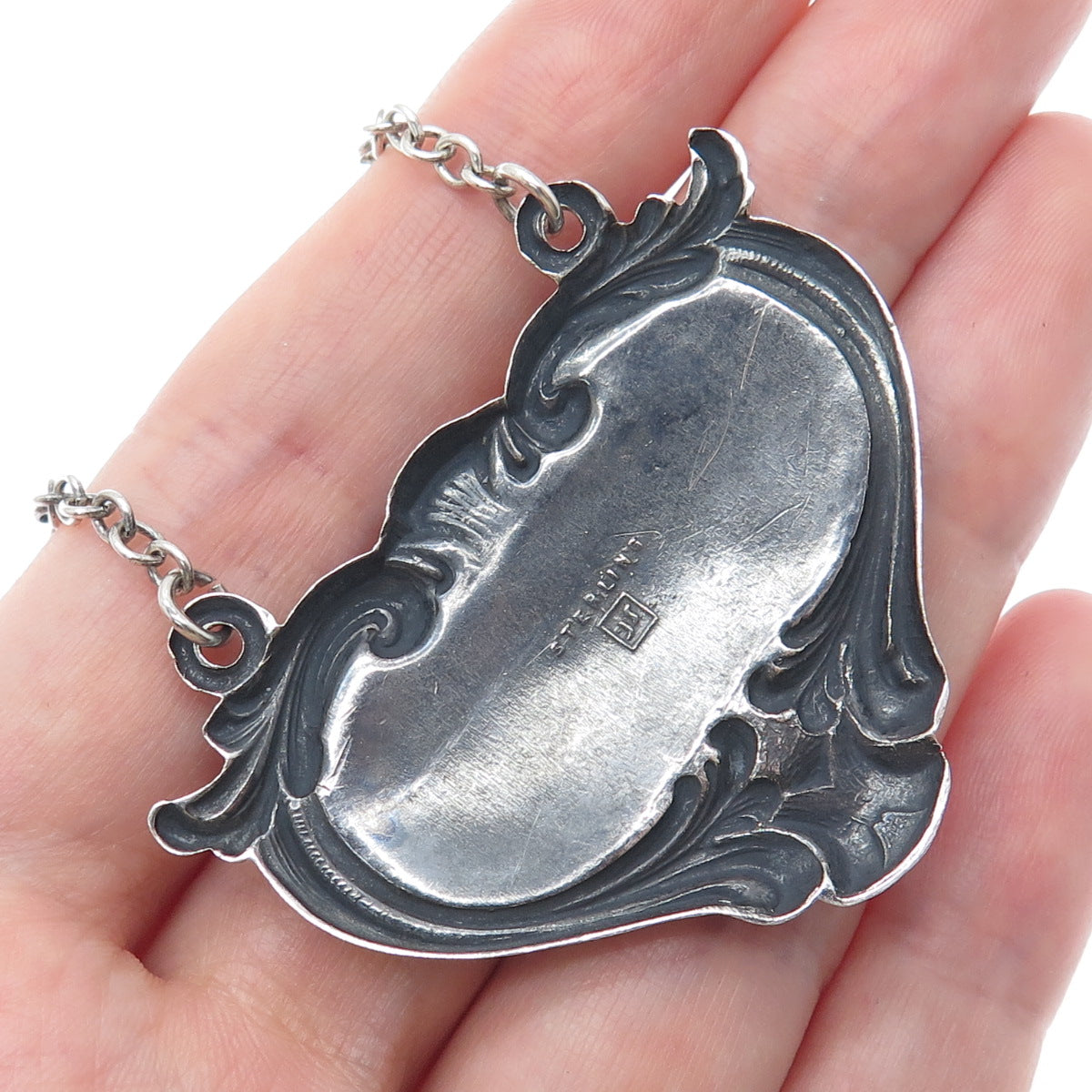 JS & CO. 925 Sterling Silver Antique Art Deco Sherry Oxidized Bottle Tag 6"