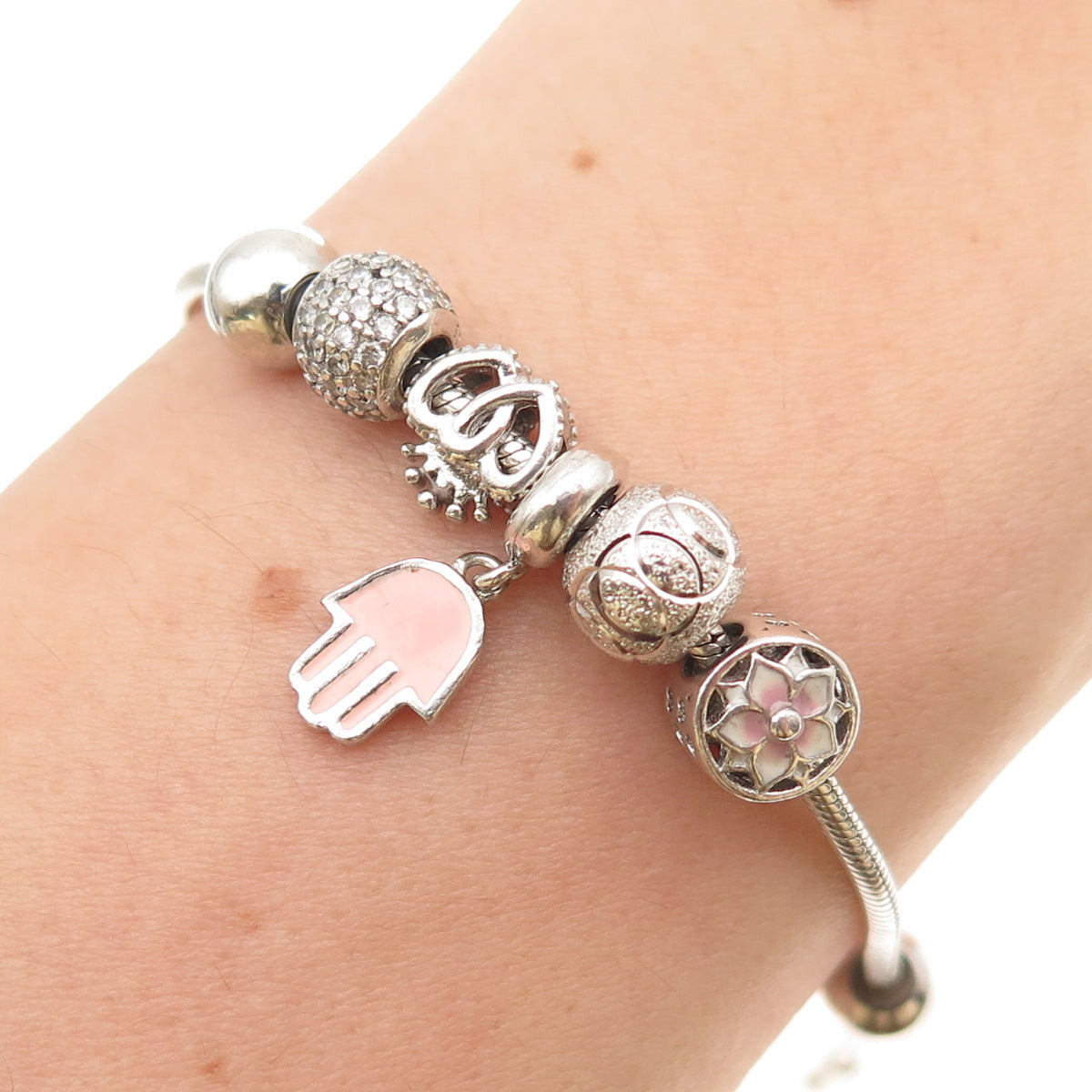 925 Sterling Silver Enamel & C Z Hamsa Multi-Charm Snake Link Bracelet 7"