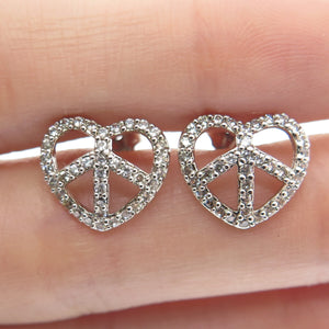 925 Sterling Silver Round-Cut C Z Peace Symbol Heart Stud Earrings