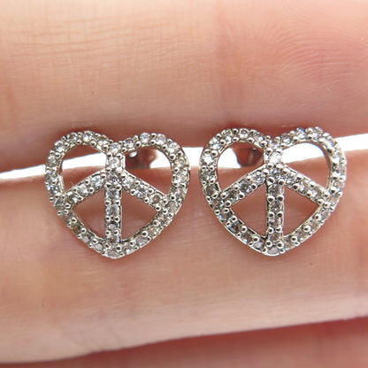 925 Sterling Silver Round-Cut C Z Peace Symbol Heart Stud Earrings