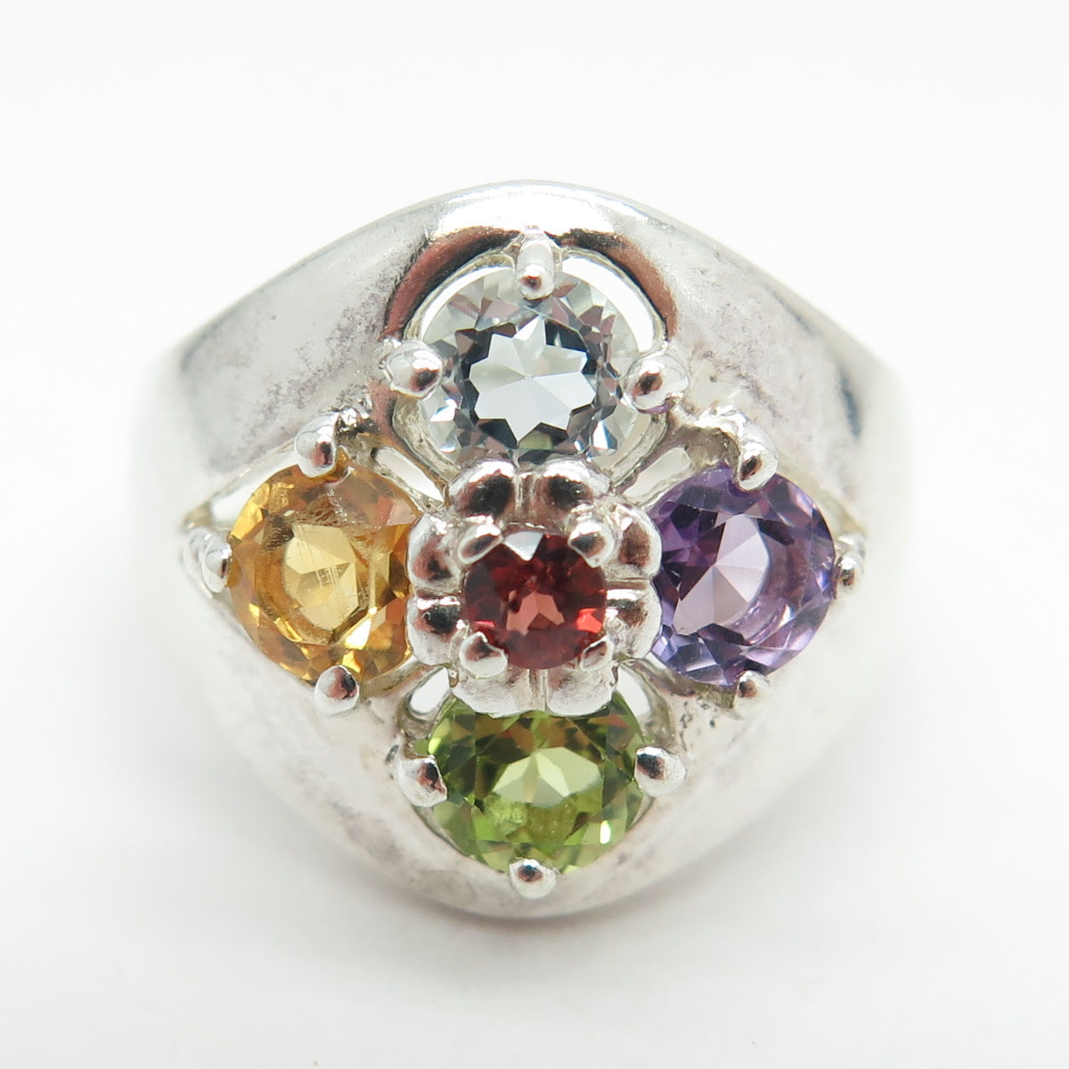 925 Sterling Silver Real Topaz Garnet Citrine Peridot & Amethyst Ring Size 8.25