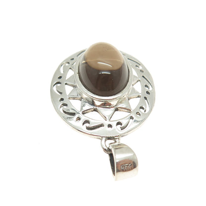 925 Sterling Silver Vintage Real Oval-Cut Smoky Quartz Sun Pendant