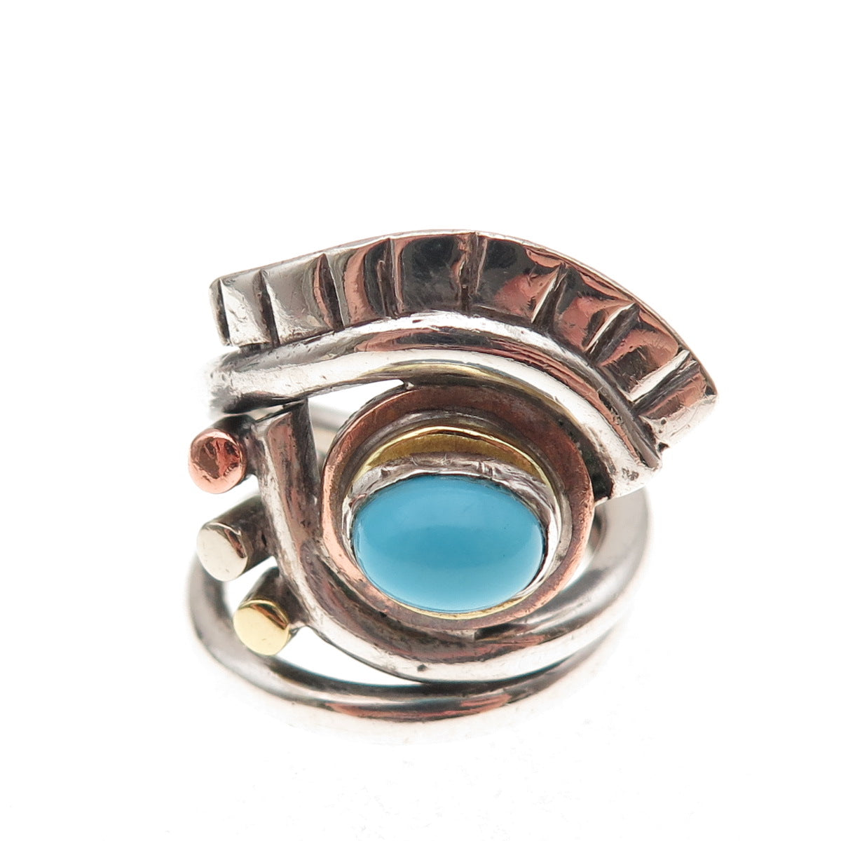 925 Sterling Silver 3-Tone Vintage Real Turquoise Modernist Eye Ring Size 6.75