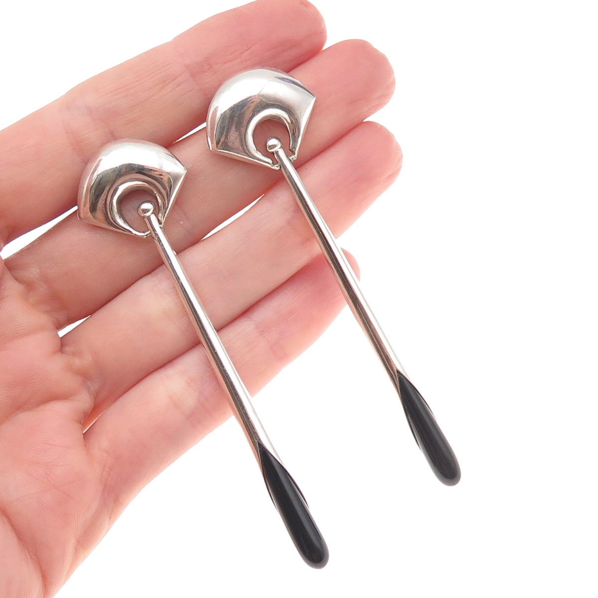 925 Sterling Silver Vintage Real Black Onyx Modernist Dangle Earrings