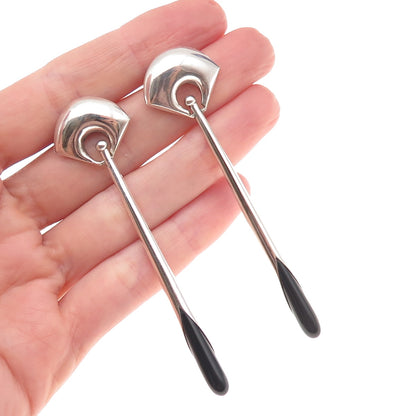 925 Sterling Silver Vintage Real Black Onyx Modernist Dangle Earrings