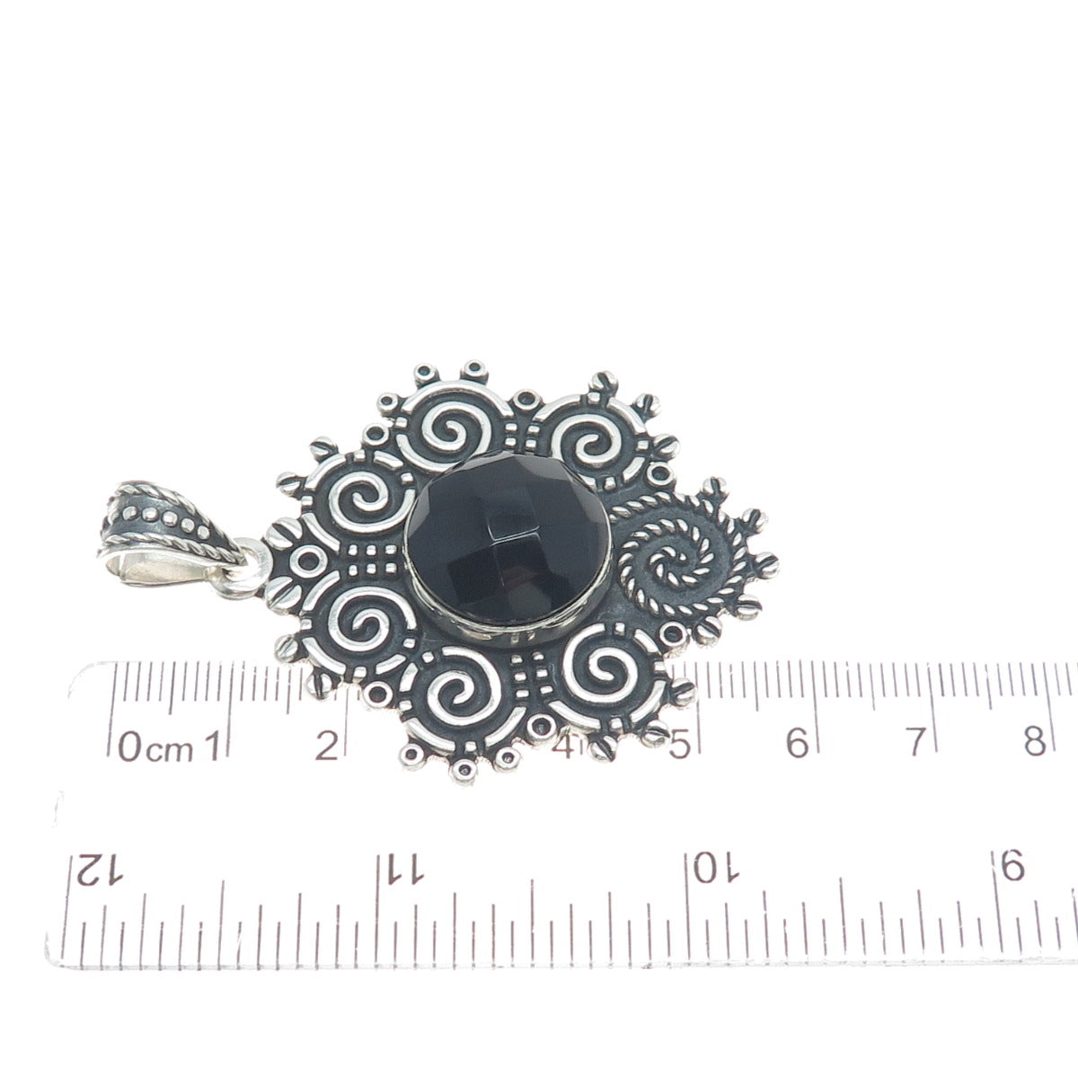 925 Sterling Silver Vintage Mexico Real Black Spinel Spiral Oxidized Pendant