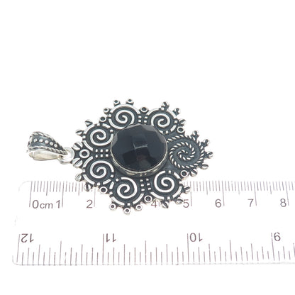925 Sterling Silver Vintage Mexico Real Black Spinel Spiral Oxidized Pendant