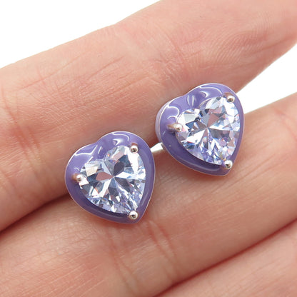 925 Sterling Silver Lavender Enamel Heart-Cut C Z Earrings