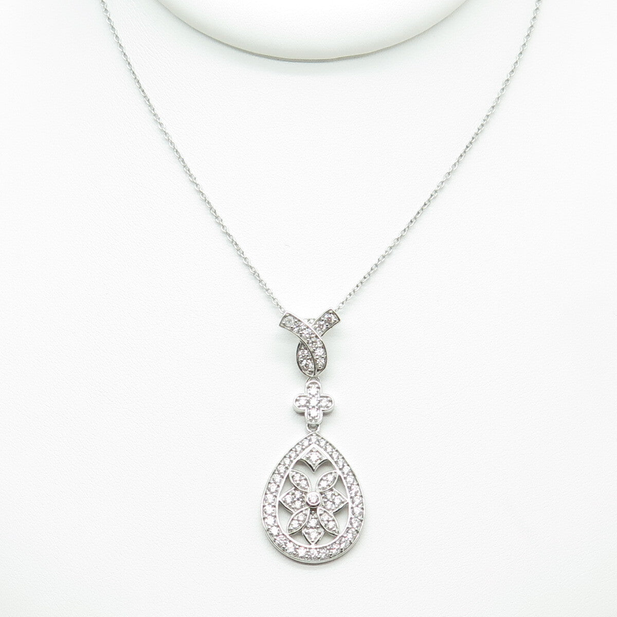 925 Sterling Silver Round-Cut C Z Flower Teardrop Cable Chain Necklace 18-20"