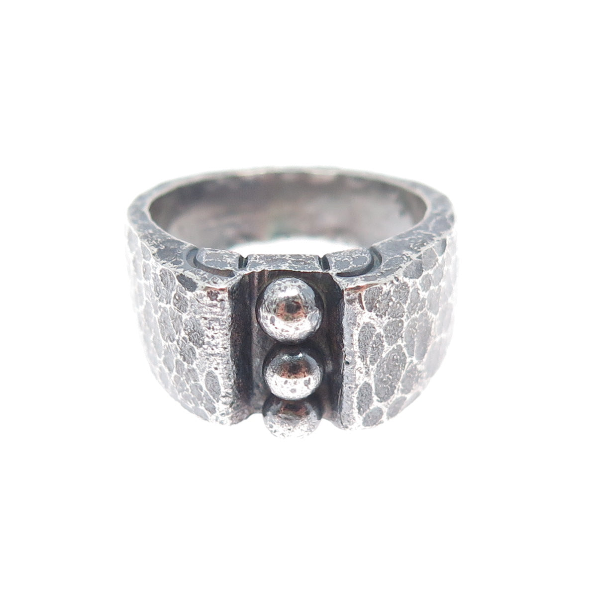 925 Sterling Silver Vintage Modernist Hammered Ball Beaded Oxidized Ring Size 6