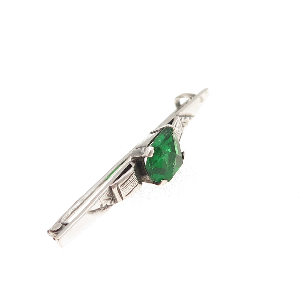 800 Silver Antique Art Deco Green Rhinestone Bar Oxidized Pin Brooch