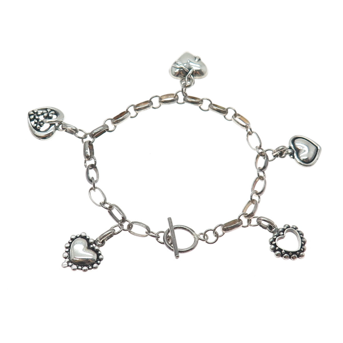 925 Sterling Silver Vintage Heart 5-Charm Oxidized Bracelet 7"