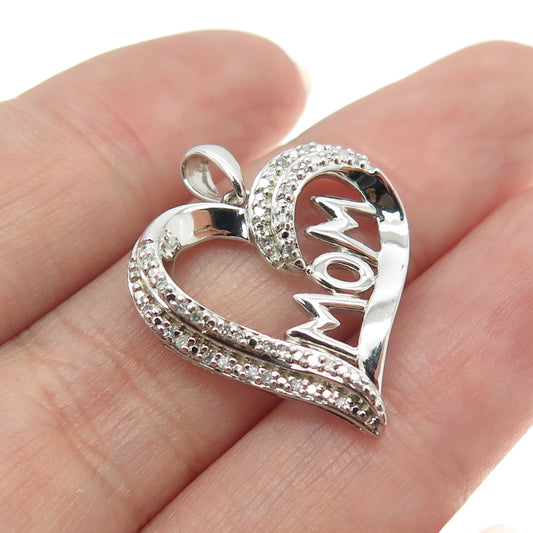 SUN 925 Sterling Silver Real Round-Cut Diamond "MOM" Heart Pendant