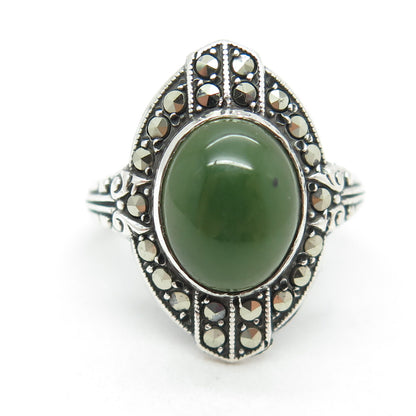 UNCAS 925 Sterling Silver Antique USA Real Jade & Marcasite Gem Ring Size 3.25