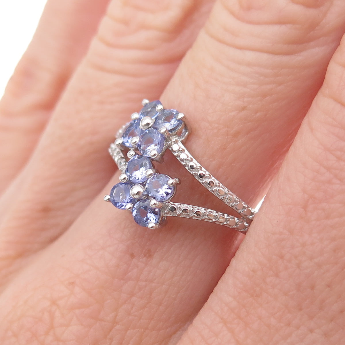 Chuck Clemency 925 Sterling Silver Real Round-Cut Tanzanite Floral Ring Size 7