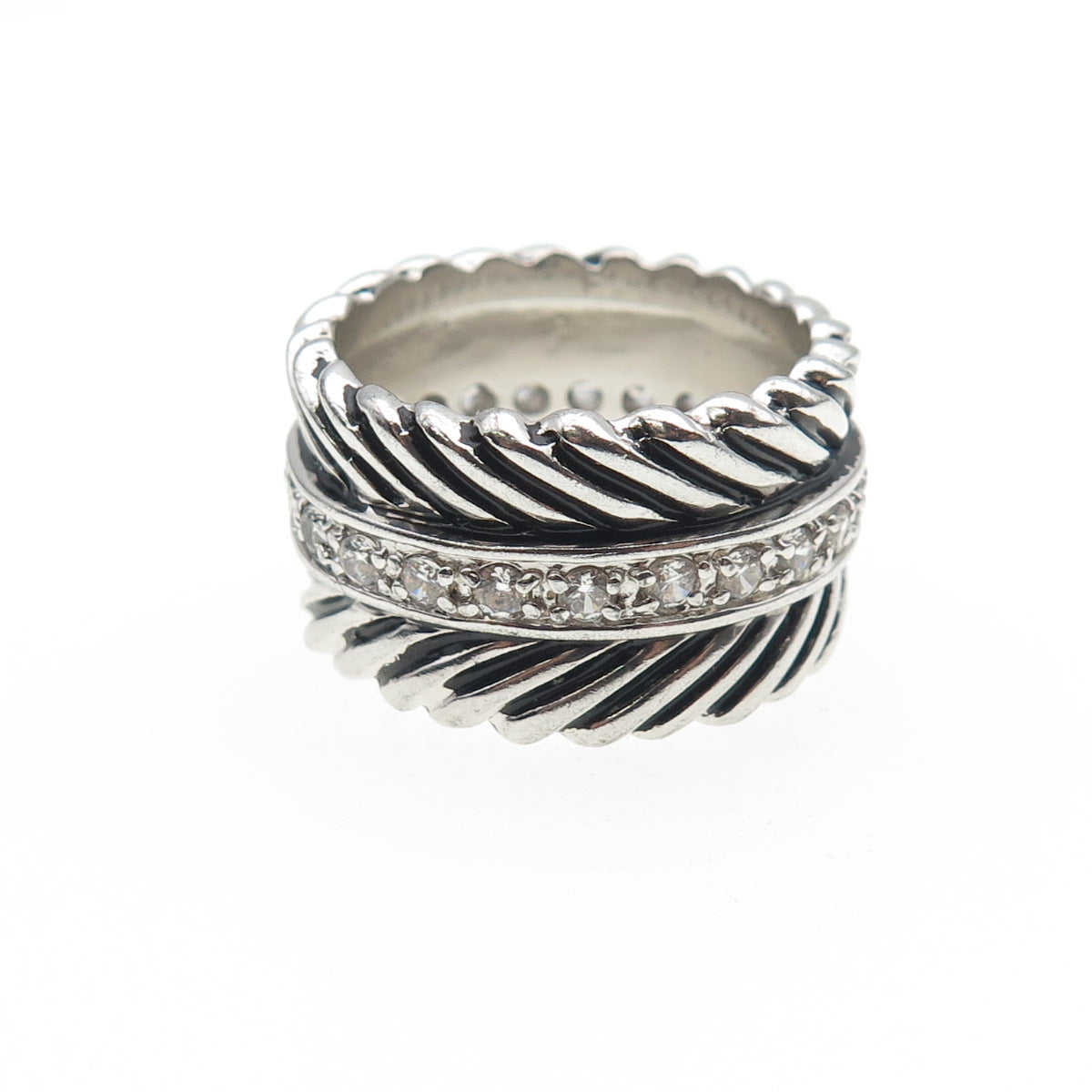 925 Sterling Silver Round-Cut C Z Feather Oxidized Band Ring Size 7