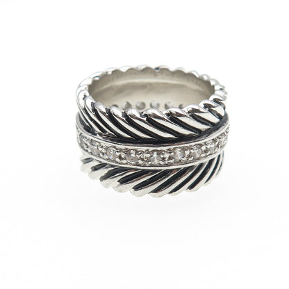 925 Sterling Silver Round-Cut C Z Feather Oxidized Band Ring Size 7