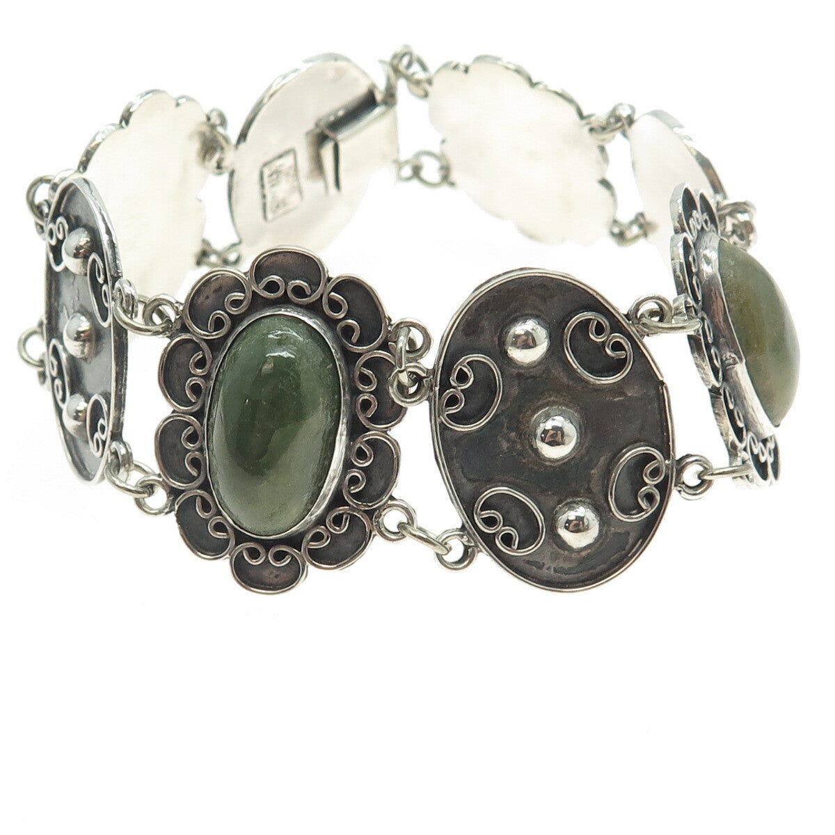 925 Sterling Silver Vintage Mexico Real Jade Floral Panel Link Bracelet 7.75"