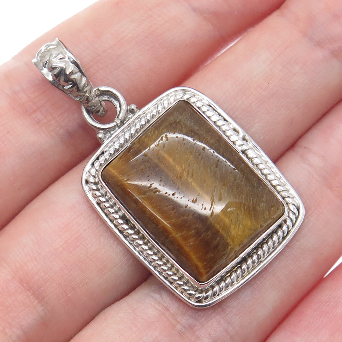925 Sterling Silver Vintage Real Tiger Eye Charm Pendant
