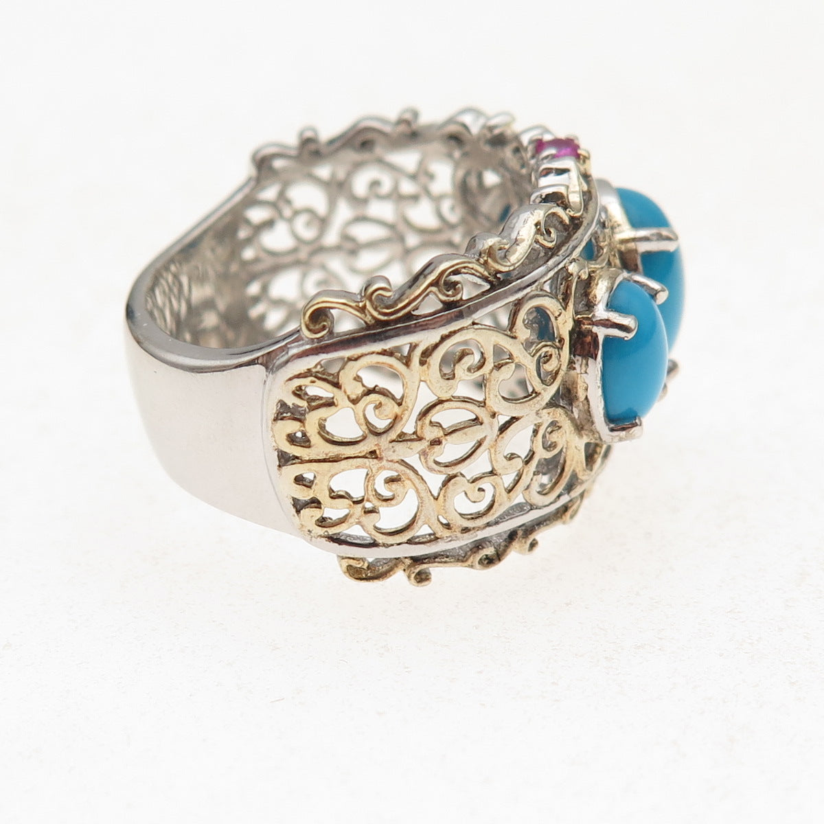 Chuck Clemency 925 Sterling Silver 2-Tone Real Turquoise & Ruby Ring Size 8.5