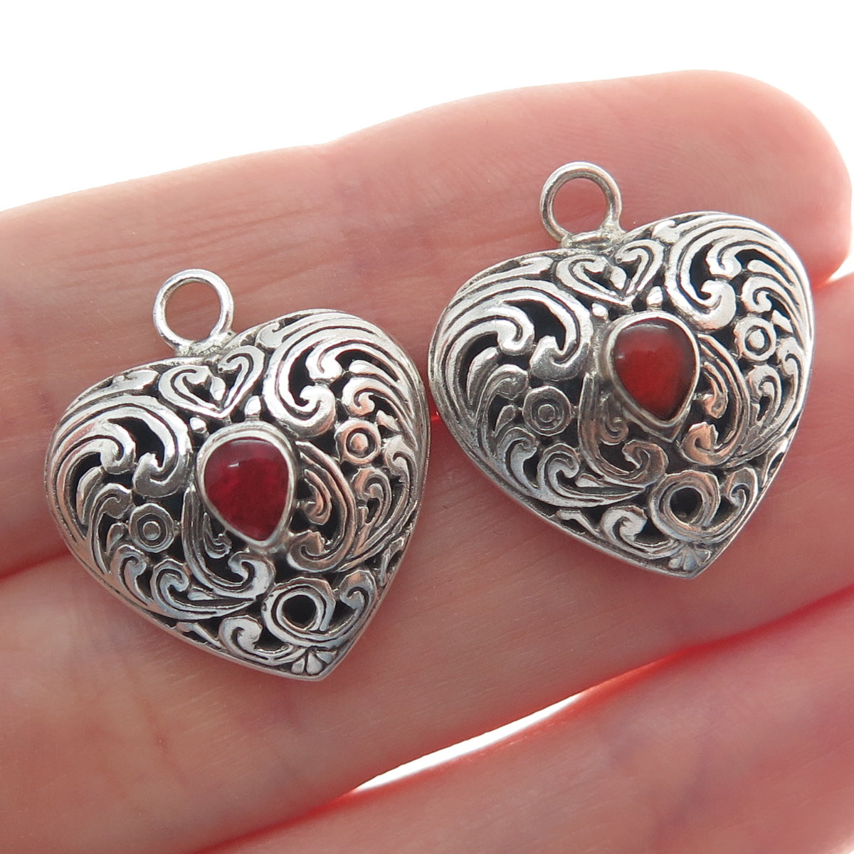MILO 925 Sterling Silver Vintage Real Carnelian Gem Floral Heart Jacket Earrings