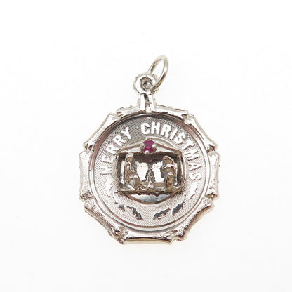 925 Sterling Silver Vintage Rhinestone Merry Christmas Nativity Charm Pendant