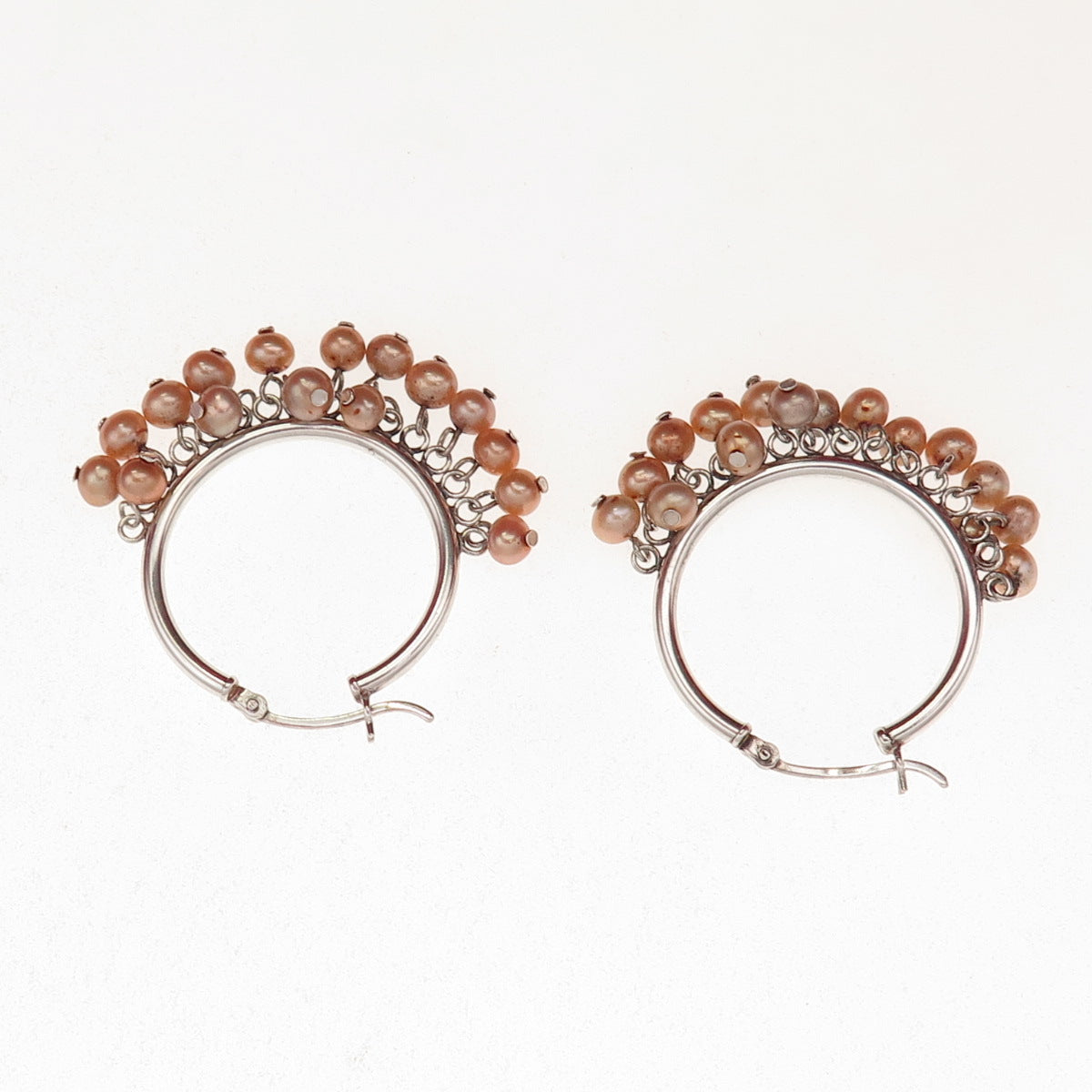 925 Sterling Silver Vintage Real Pearl Dangle Beads Hoop Earrings