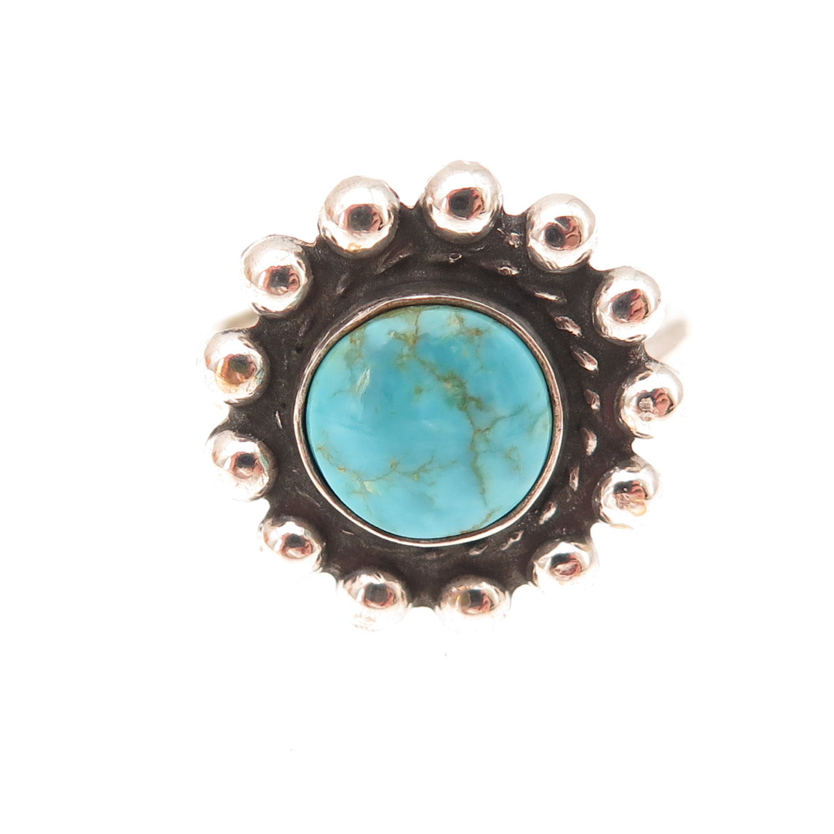 Old Pawn Sterling Silver Vintage Southwestern Turquoise Sun Beaded Ring Size 7