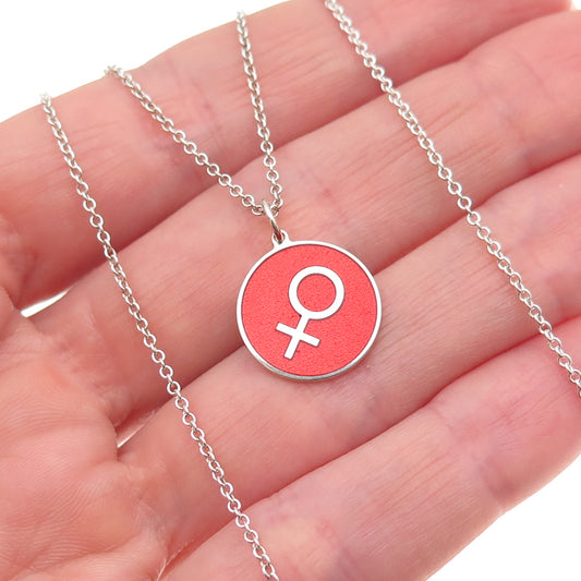 925 Sterling Silver Red Enamel Female Symbol Round Tag Cable Chain Necklace 18"