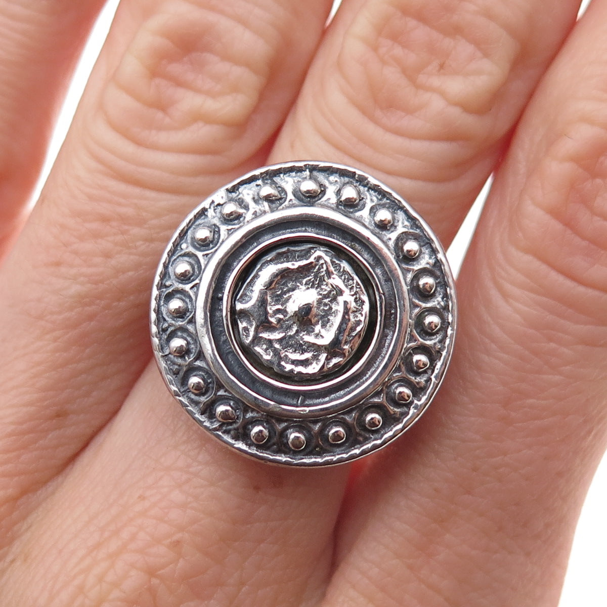 925 Sterling Silver Vintage Modernist Beaded Disc Oxidized Ring Size 9