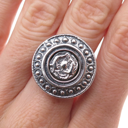 925 Sterling Silver Vintage Modernist Beaded Disc Oxidized Ring Size 9