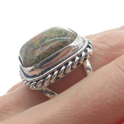 925 Sterling Silver Vintage Real Cushion-Cut Unakite Roped Ring Size 7.75