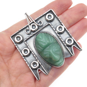 925 Sterling Silver Vintage Mexico Real Jade Aztec God Oxidized Pendant