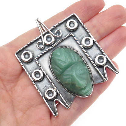 925 Sterling Silver Vintage Mexico Real Jade Aztec God Oxidized Pendant