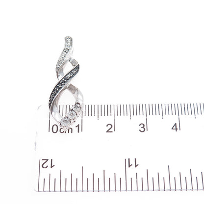 925 Sterling Silver Real Round-Cut Black & White Diamond Twisted Pendant