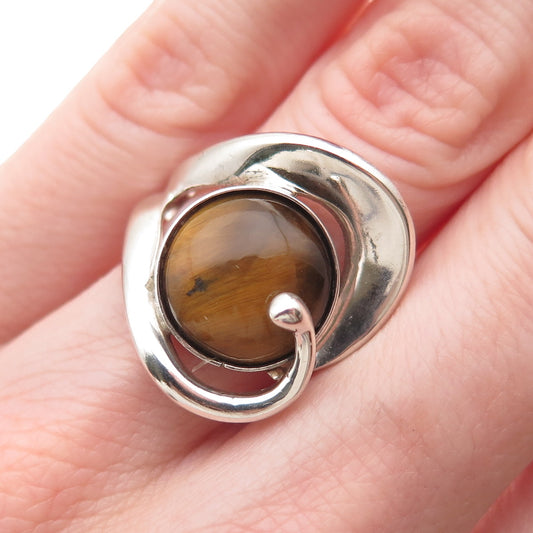 925 Sterling Silver Vintage Real Tiger Eye Modernist Ring Size 5.5