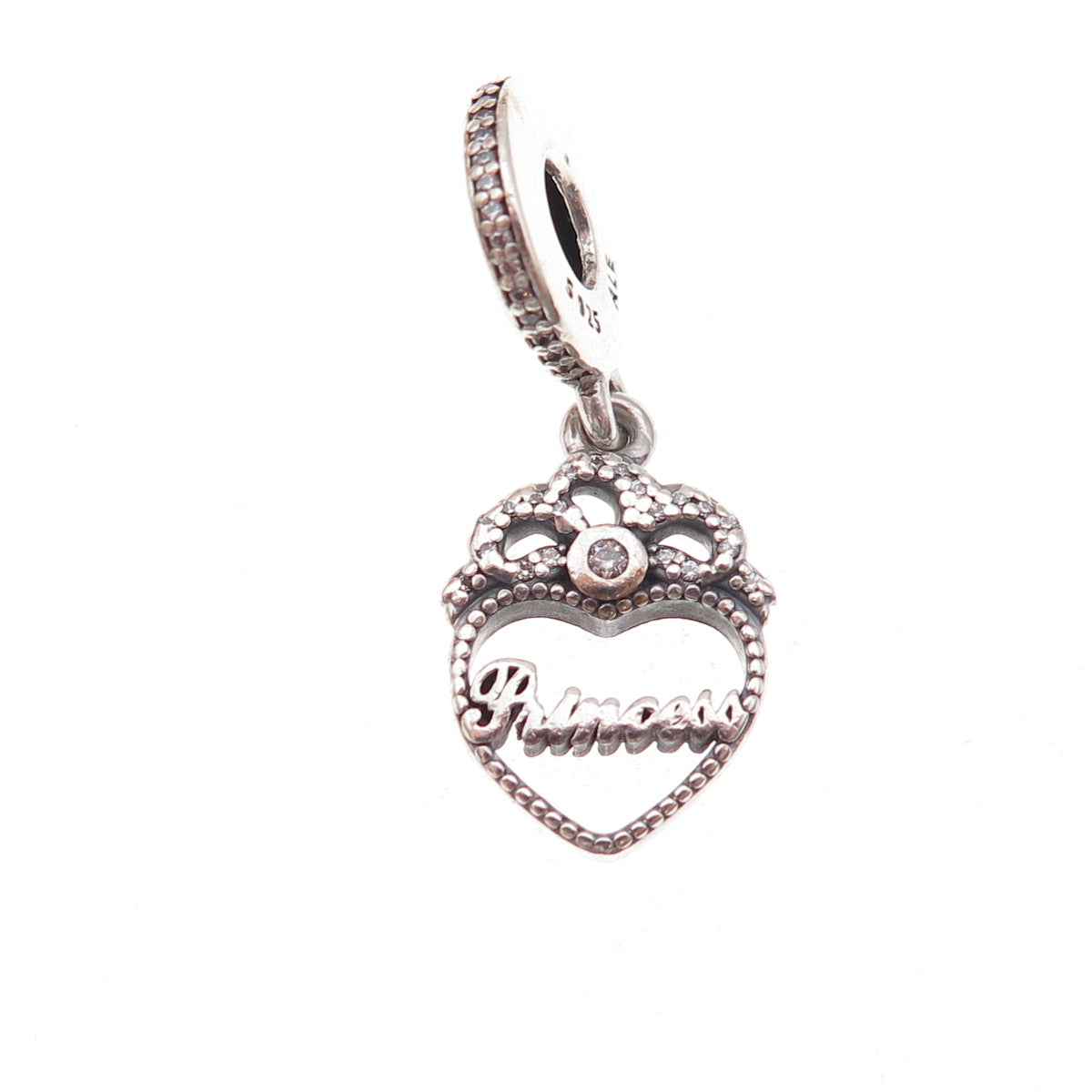 Pandora 925 Sterling Silver Round-Cut C Z Princess Crown Heart Dangle Charm